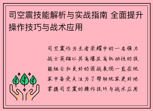 司空震技能解析与实战指南 全面提升操作技巧与战术应用